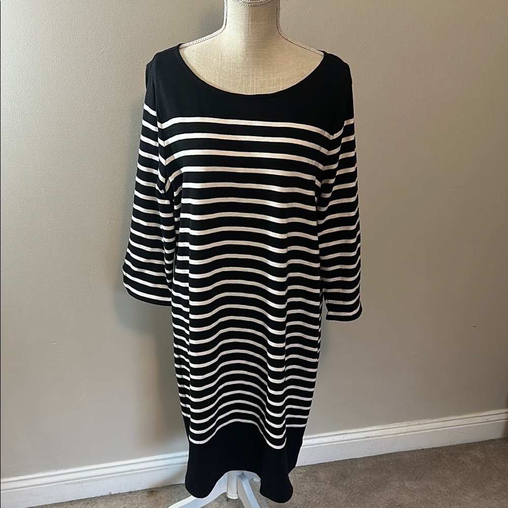Talbots Black and White 100% Cotton Dress 3/4‎ Sleeve Scoop Neck